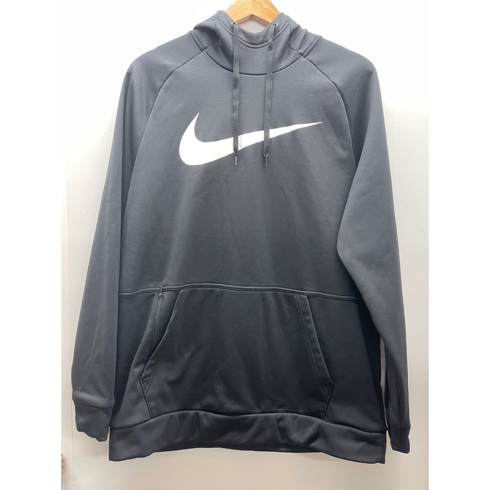 Nike Therma-FIT Mens Hoodie Black Large Swoosh Pullover Sweatshirt L